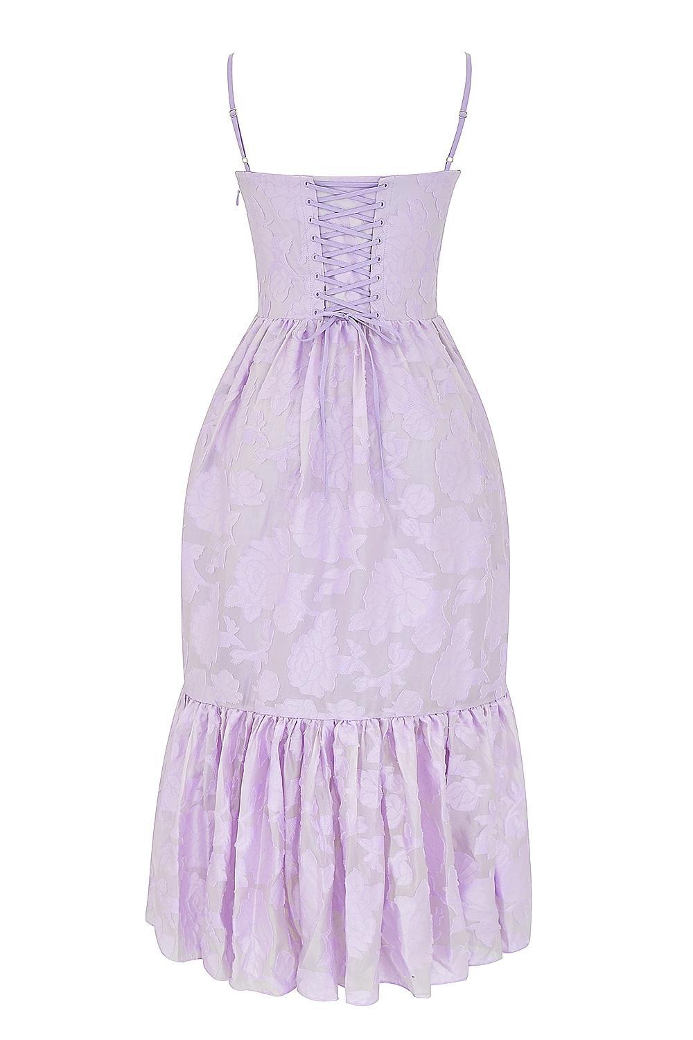 Mira Orchid Floral Jacquard Tiered Midi Dress Product Image