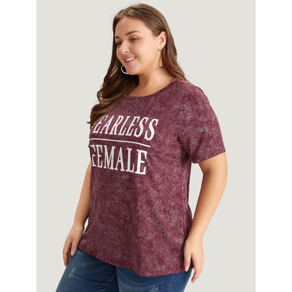 Plus Size Plain Letter Print Vintage T-shirt Burgundy Women Casual Printed Letter Dailywear T-shirts BloomChic 14-16/1X Product Image