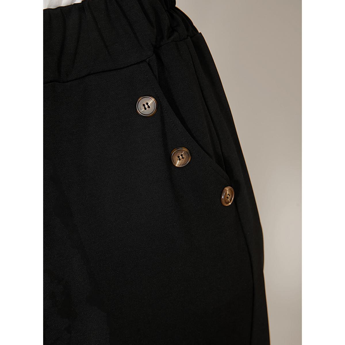Plus Size Solid Elastic Waist Button Detail Pocket Wide Leg Pants Women Black Office Wide Leg High Rise Work Pants BloomChic 26/4X Product Image