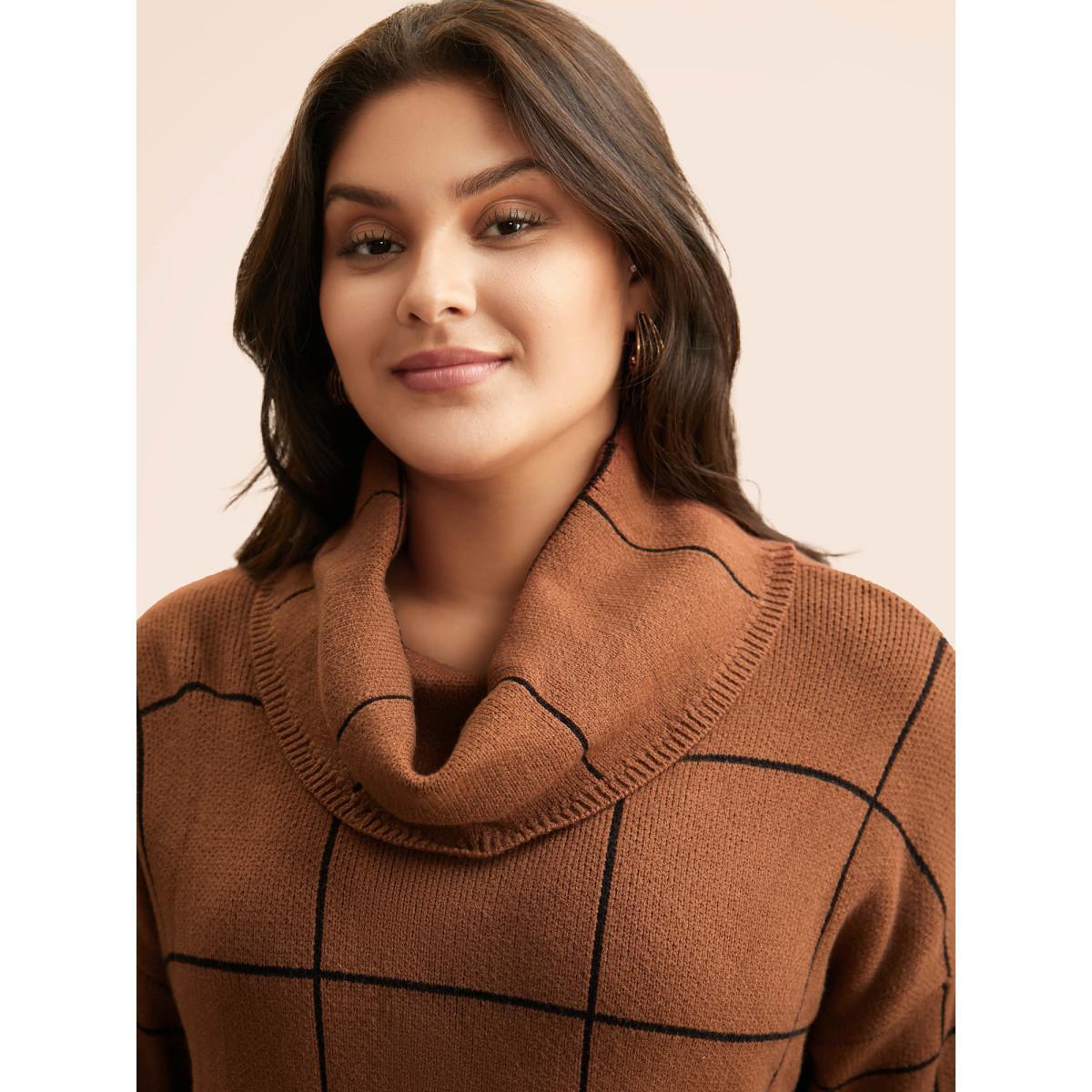 Plus Size Supersoft Essentials Turtleneck Plaid Drop Shoulder Pullover Browncoffeecolor Women Casual Loose Long Sleeve Turtleneck Everyday Pullovers BloomChic 22-24/3X Product Image