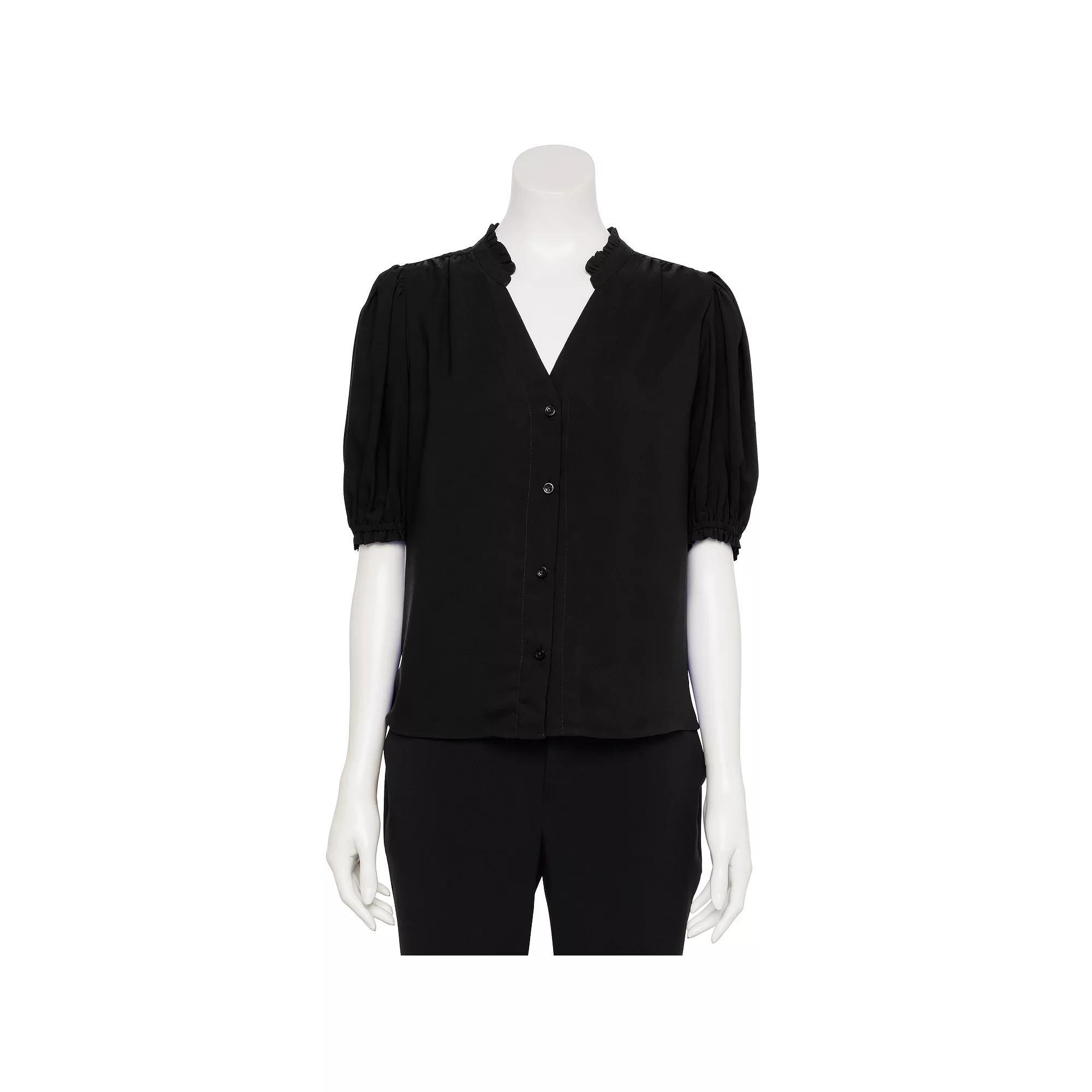 Women's Nine West Adaptive Short Sleeve Button Down Ruffle Shirt, Size: XS, Mineral Black Product Image