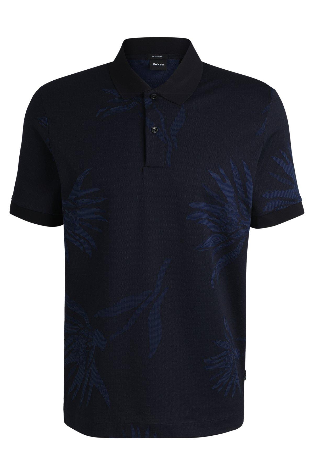 BOSS - Mercerized-cotton polo shirt with floral jacquard - Dark Blue Product Image