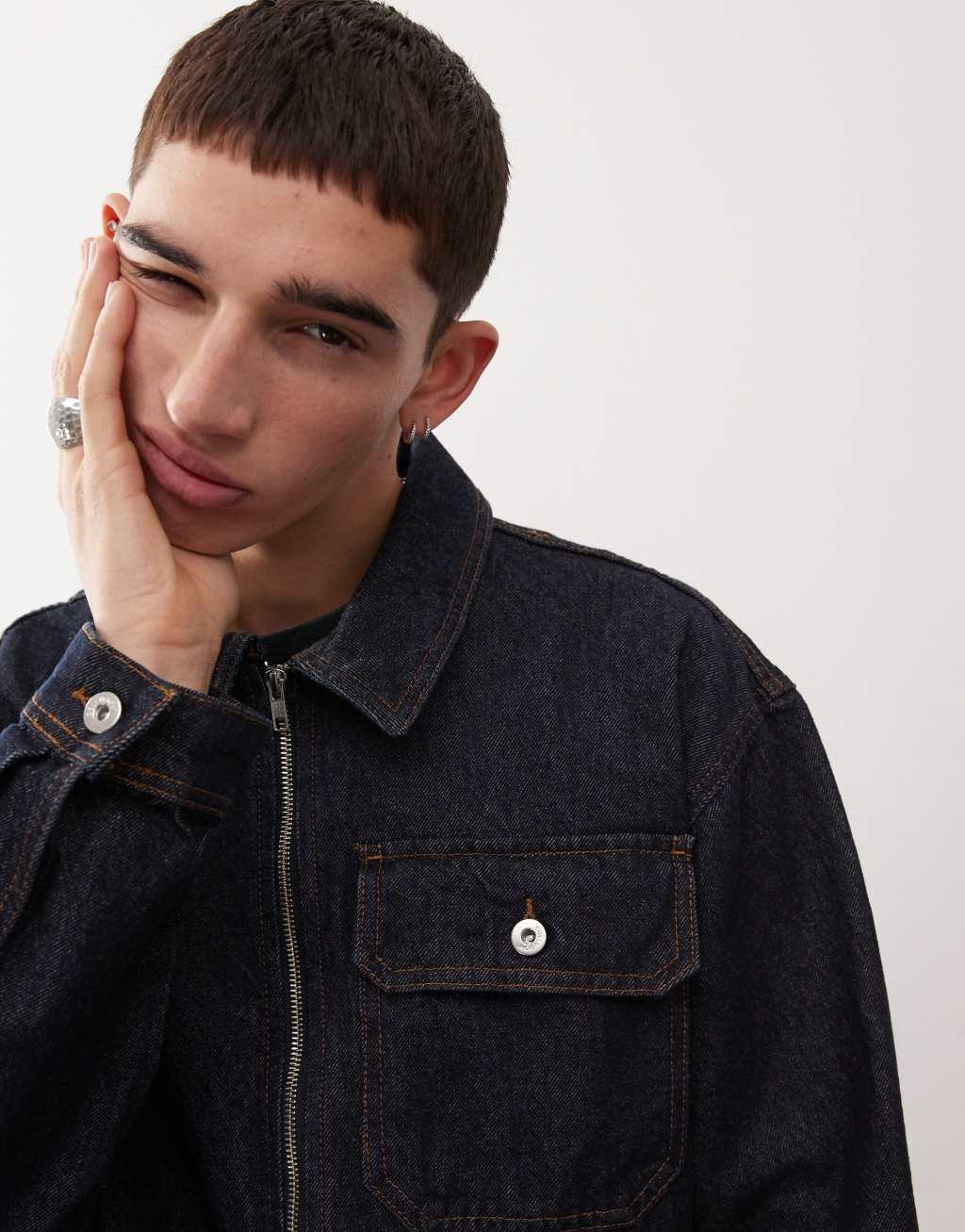 COLLUSION denim zip up shirt in rinsed wash Product Image