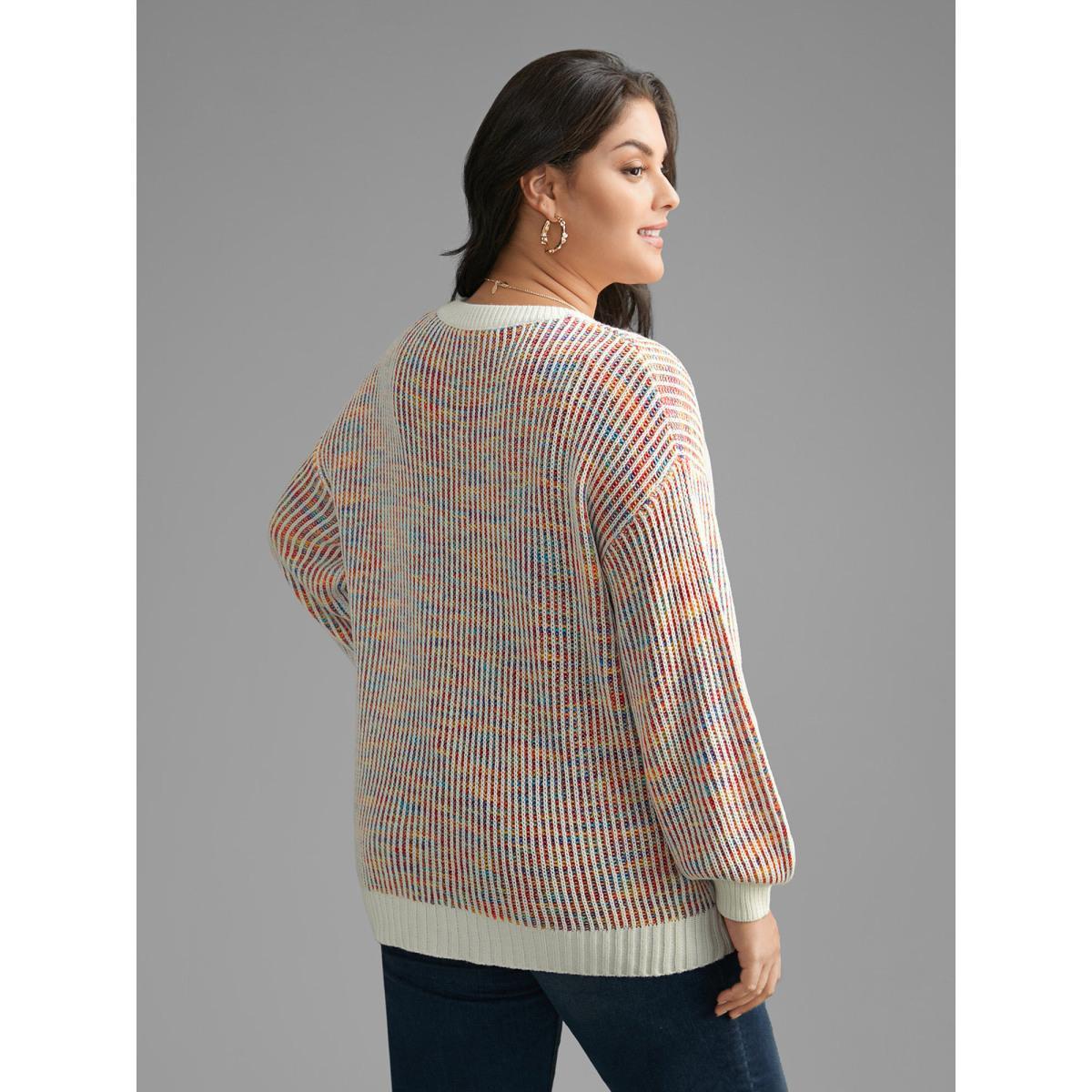 Plus Size Round Neck Texture Contrast Heather Pullover Beige Women Casual Loose Long Sleeve Round Neck Everyday Pullovers BloomChic 12/L Product Image
