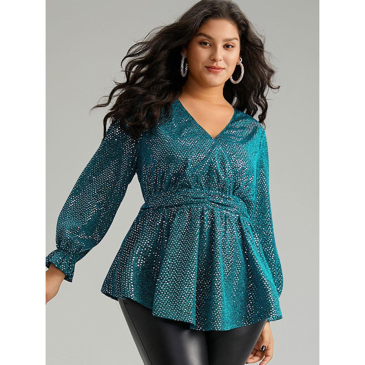 Plus Size Emerald Sequin Wrap Ruffles Ruched Lantern Sleeve Blouse Women Glamour Long Sleeve V-neck Festival-Christmas Blouses BloomChic 28/5X Product Image