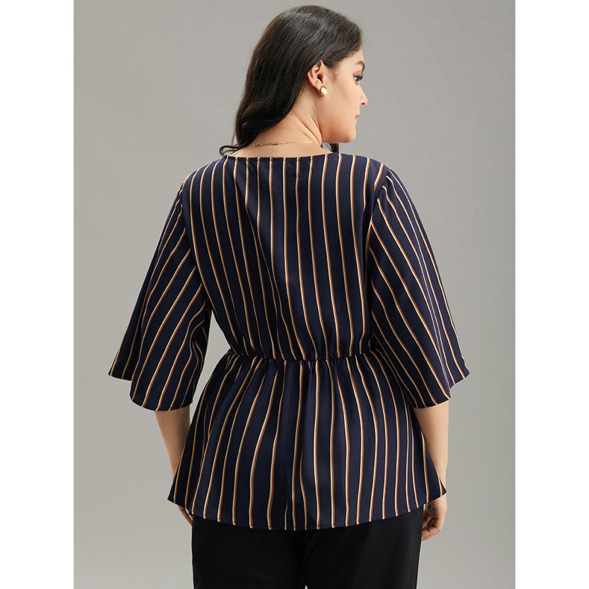 Plus Size Indigo Striped Overlap Collar Bell Sleeve Blouse Women Office Elbow-length sleeve Overlap Collar Work Blouses BloomChic 28/5X Product Image