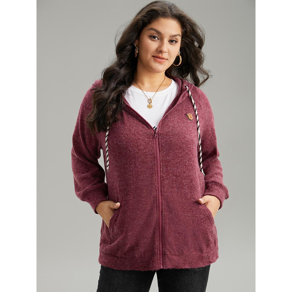 Plus Size Solid Badge Trim Drawstring Zipper Jacket Women Burgundy Zipper Pocket Dailywear Jackets BloomChic 10/M Product Image