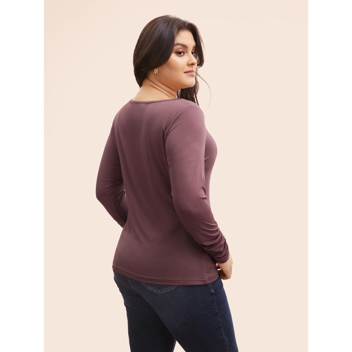 Plus Size Solid Boat Neck Gathered T-shirt DustyPink Women Elegant Gathered Boat Neck Bodycon Everyday T-shirts BloomChic 12/L Product Image