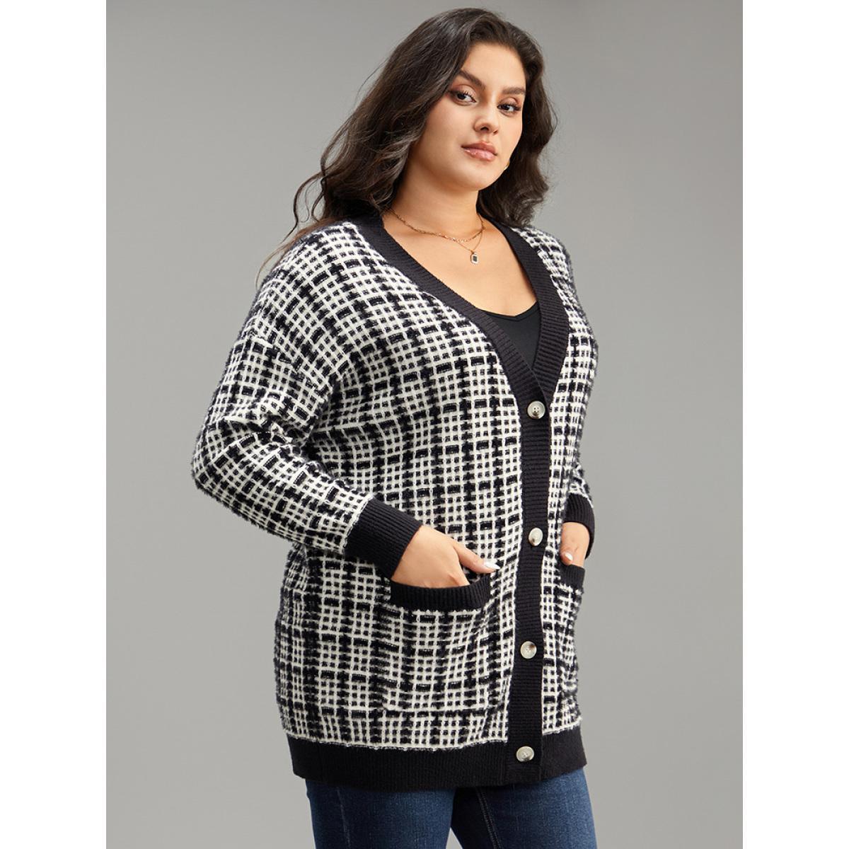 Plus Size Plaid Button Down Patched Pocket Cardigan Black Women Casual Loose Long Sleeve Dailywear Cardigans BloomChic 18-20/2X Product Image