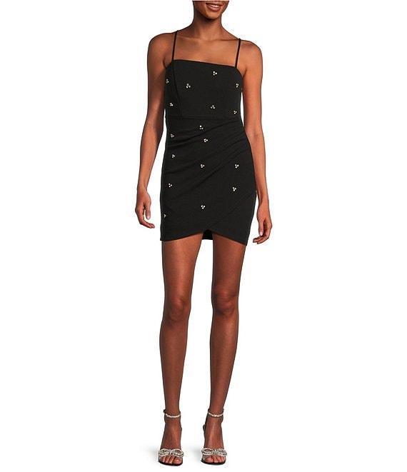 Midnight Doll Crepe Rhinestone Square Neck Spaghetti Strap Faux Wrap Mini Dress Product Image