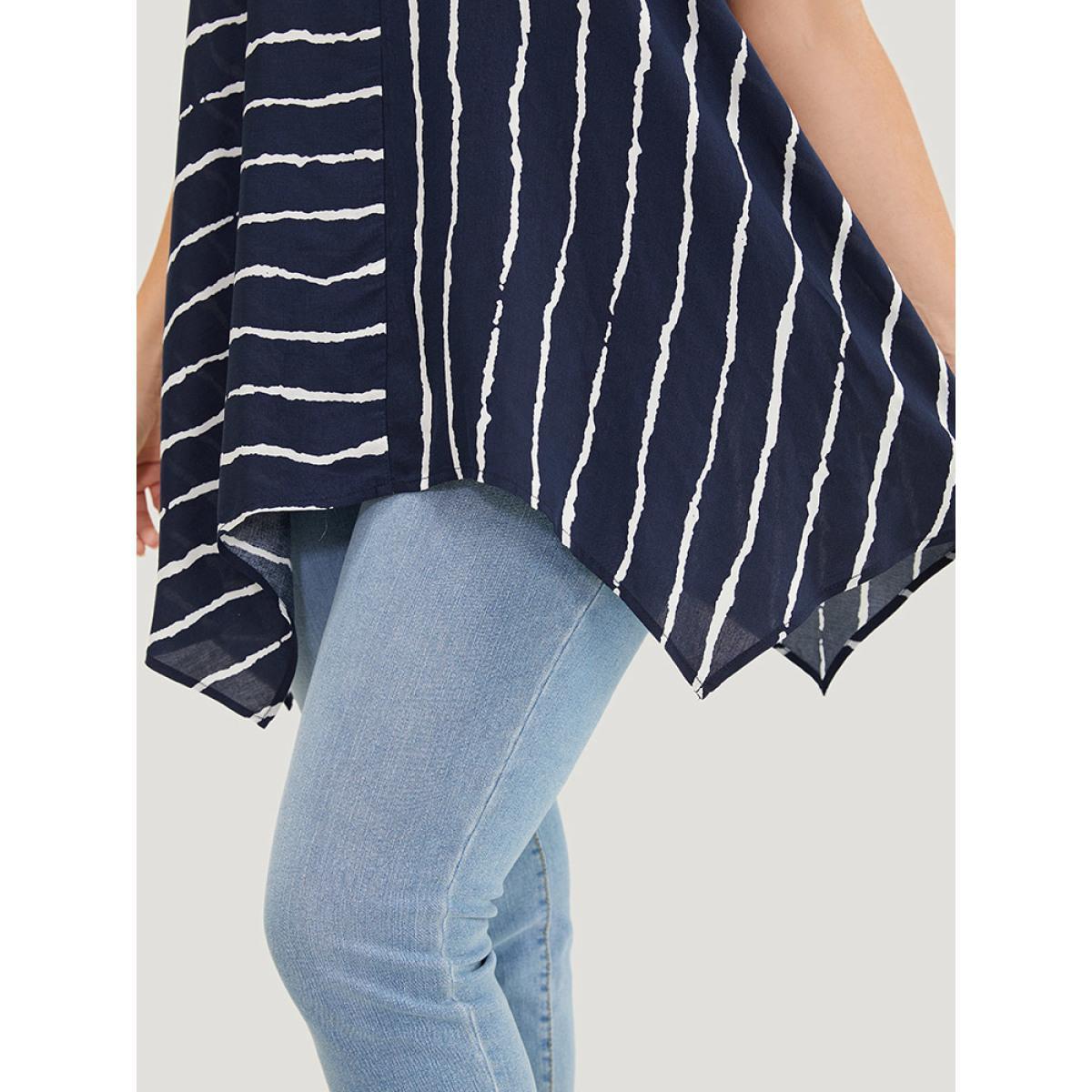 Plus Size Indigo Striped Patchwork Hanky Hem Blouse Women Office Short sleeve Round Neck Dailywear Blouses BloomChic 12/L Product Image