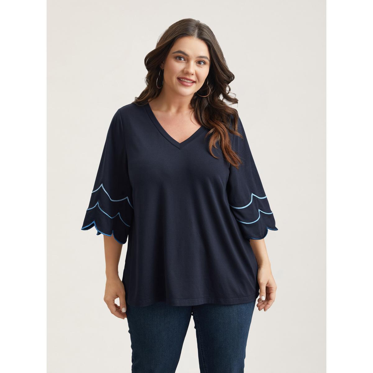 Plus Size Embroidered Trumpet Sleeve V-Neck T-Shirt Indigo Women Casual Embroidered V-neck Everyday T-shirts BloomChic 12/L Product Image