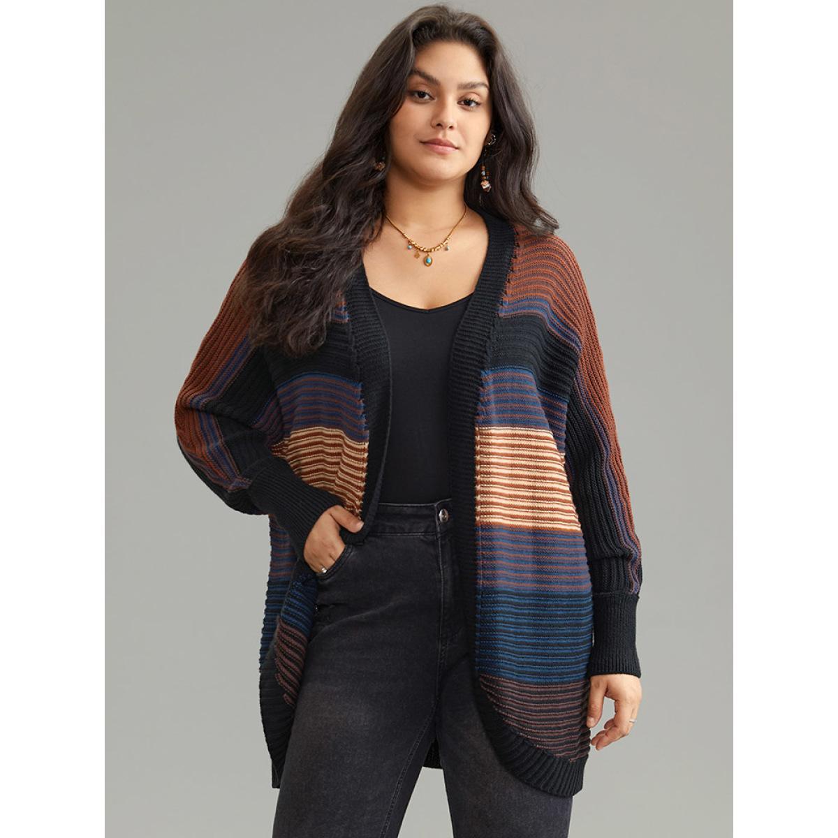 Plus Size Colorblock Heather Batwing Sleeve Curved Hem Cardigan Multicolor Women Casual Loose Long Sleeve Dailywear Cardigans BloomChic 10/M Product Image