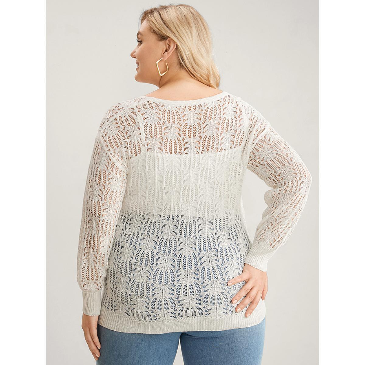 Plus Size Plain Ice Rayon Yarn V Neck Geometric Eyelet Knit Top Beige Women Casual Loose Long Sleeve V-neck Everyday Pullovers BloomChic 30/6X Product Image