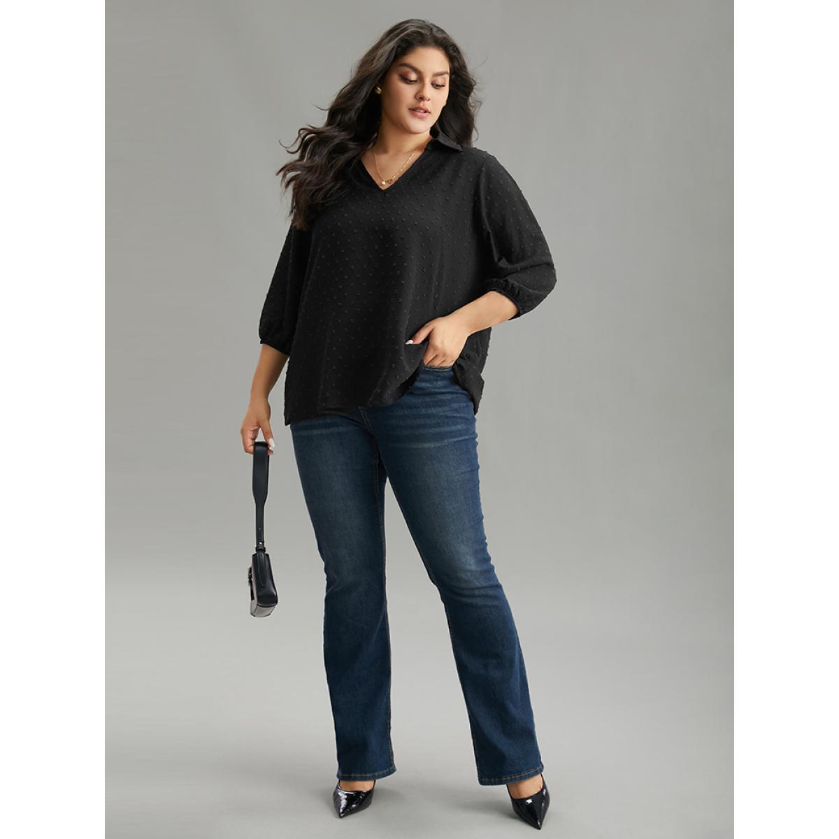 Plus Size Black Plisse Polka Dot Elastic Cuffs Blouse Women Office Elbow-length sleeve Shirt collar Work Blouses BloomChic 18-20/2X Product Image