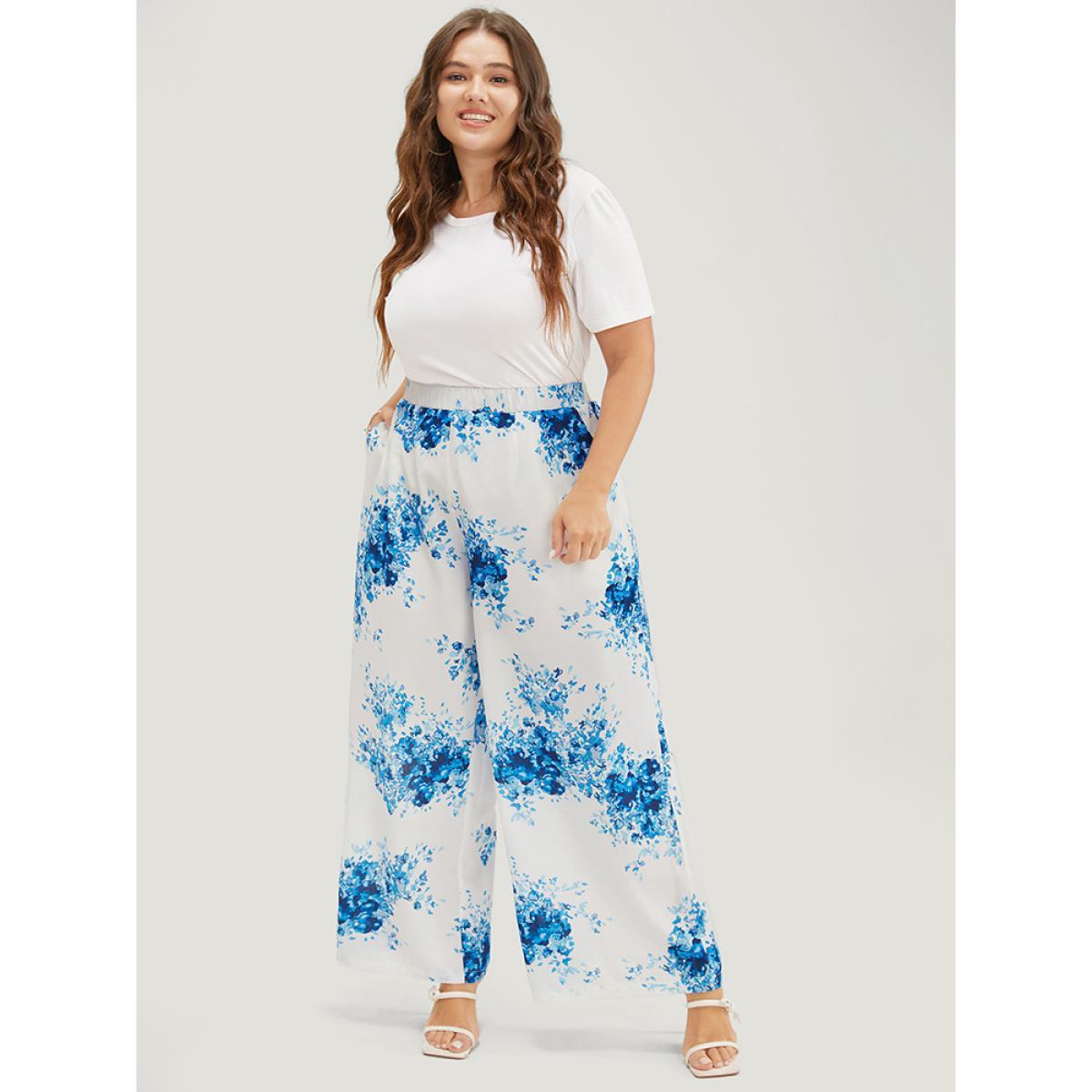 Plus Size Graphic Print Wide Leg Mid Rise Pocket Pants Women Cerulean Elegant Mid Rise Dailywear Pants BloomChic 22-24/3X Product Image