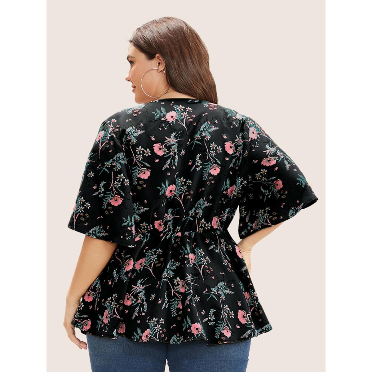 Plus Size Black Floral Print Ruffles Surplice Neck Blouse Women Elegant Half Sleeve V-neck Everyday Blouses BloomChic 28/5X Product Image
