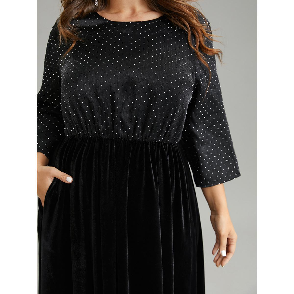 Plus Size Rhinestone Patchwork Velvet Elastic Waist Dress Black Women Glamour Velvet Round Neck Elbow-length sleeve Curvy Midi Dress BloomChic 18-20/2X Product Image
