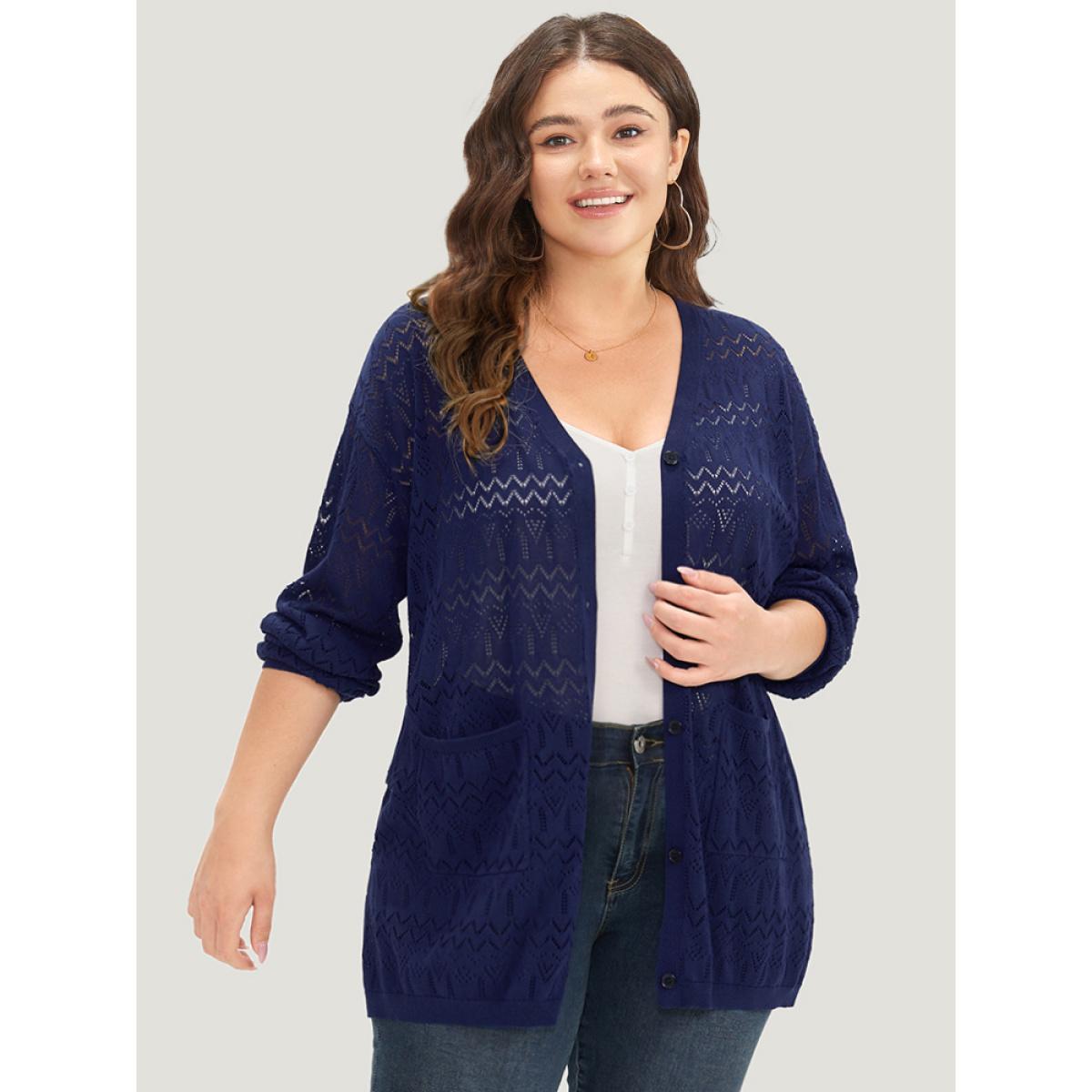 Plus Size Plain Pocket Hollow Out Button Through Cardigan Indigo Women Casual Long Sleeve Dailywear Cardigans BloomChic 12/L Product Image