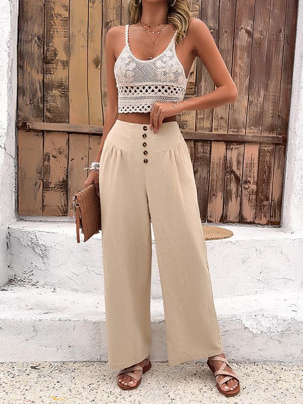 Loose Wide Leg Buttoned Pleated Pockets Solid Color Pants Trousers Product Image