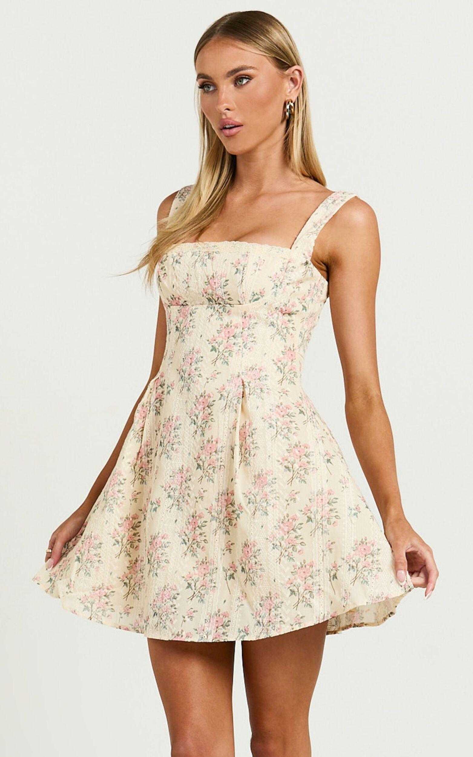 Griza Mini Dress - Square Neck Lace Trim Dress in Ditsy Floral Product Image