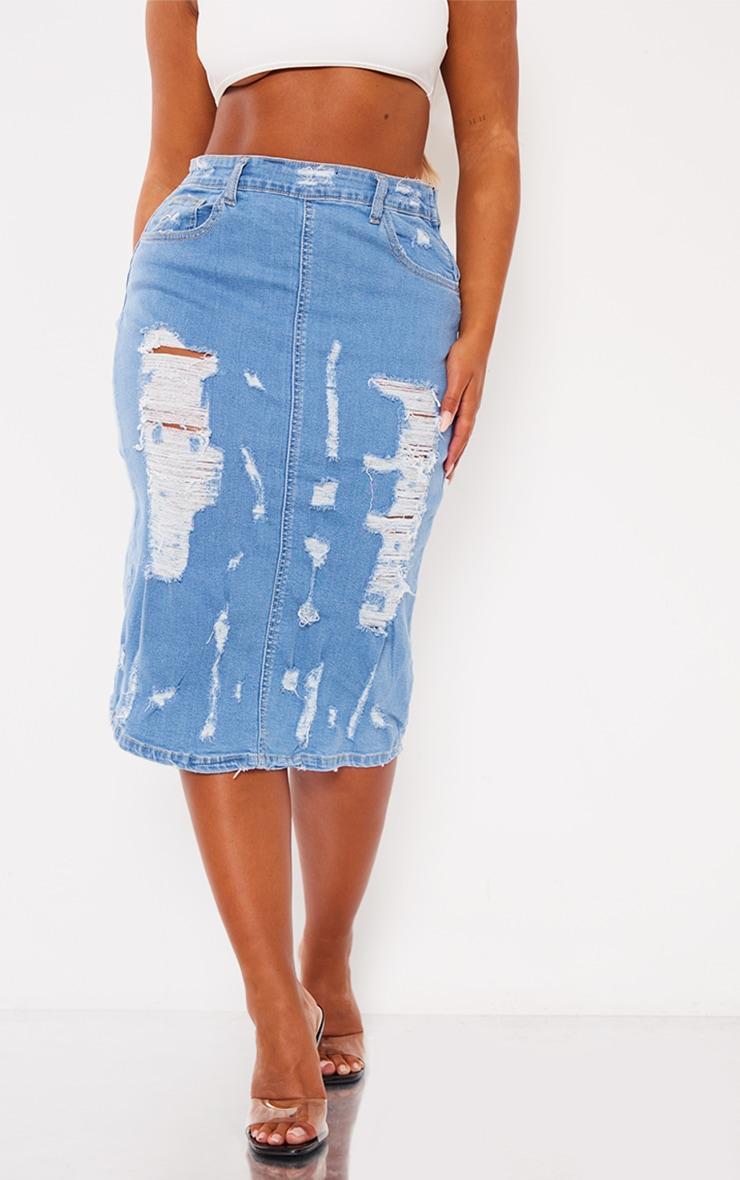 Shape Blue Stretch Denim Frayed Detail Midi Skirt Product Image