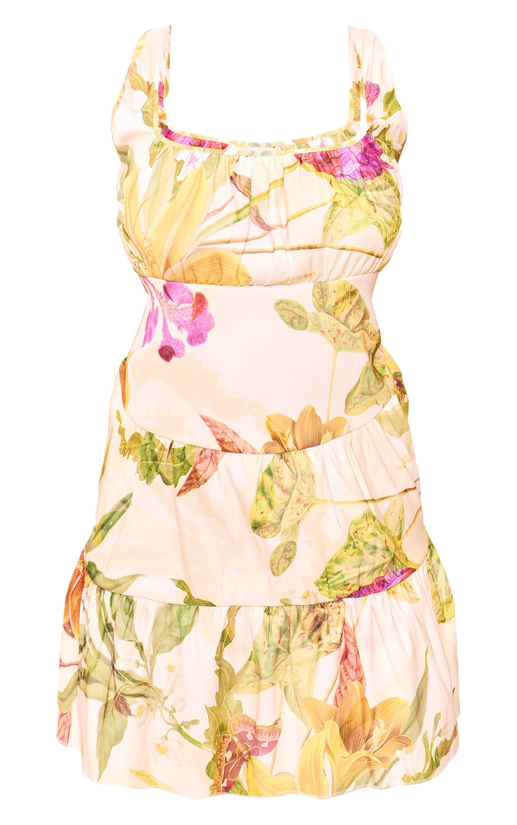 Plus Cream Floral Print Ruched Bust Mini Dress Product Image