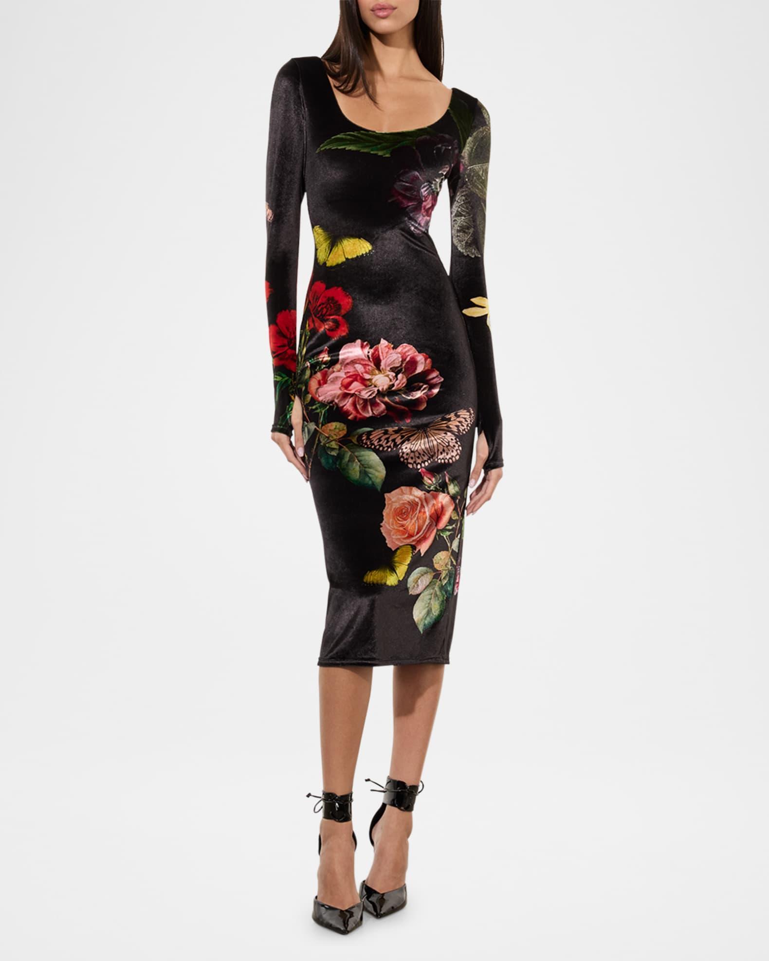 In The Wind Floral Delora Scoop-Neck Velvet Midi Dress Product Image
