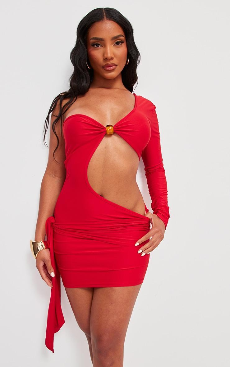 Red One Sleeve Trim Detail Mini Dress Product Image