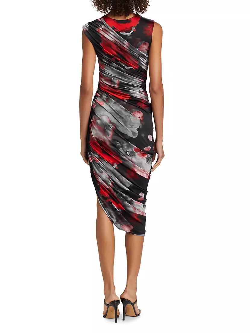 Womens Abstract-Print Ruched Asymmetric Midi-Dress Product Image