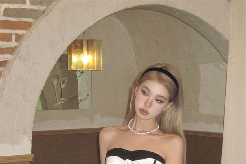 Strapless Pinstriped Bow Mini A-Line Dress Product Image