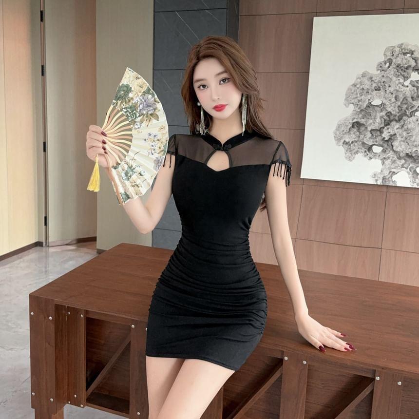 Cap-Sleeve Plain Sheer Panel Mini Bodycon Dress Product Image