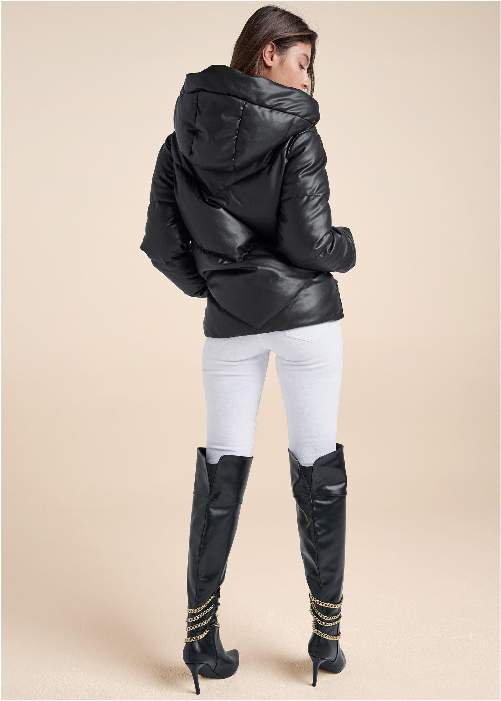Faux Leather Puffer Jacket - Black Product Image