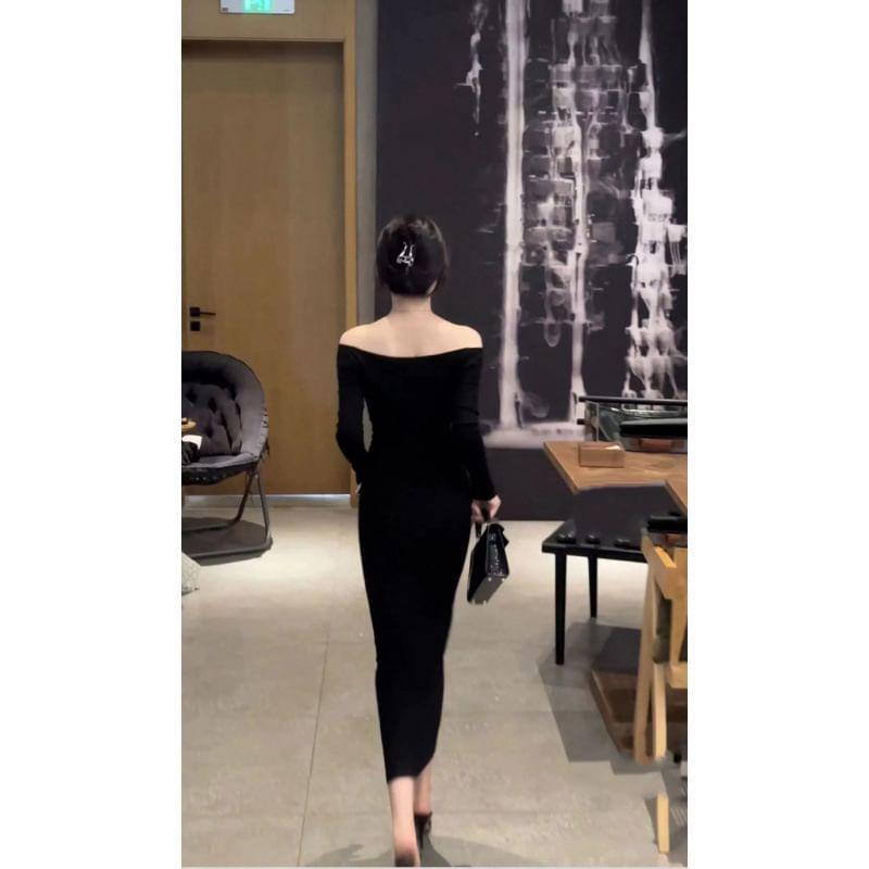 Long-Sleeve Off-Shoulder Plain Maxi Sheath Dress Product Image