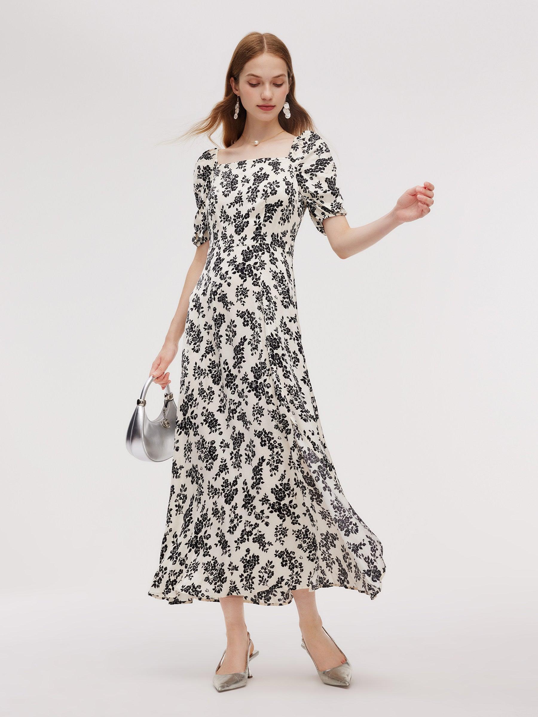 Floral Print Side Slit Women Smocked Back Maxi Dress Product Image