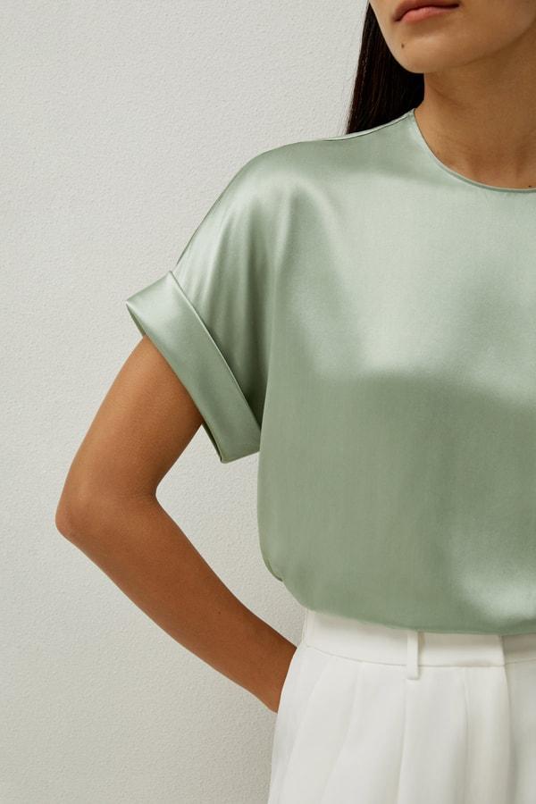 Obliuque Sleeves Round Neck Silk Tee Product Image