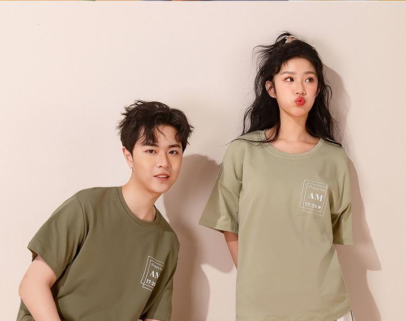 Couple Matching Pajama Set: Short-Sleeve Cartoon Print Padded T-Shirt + Plaid Shorts Product Image