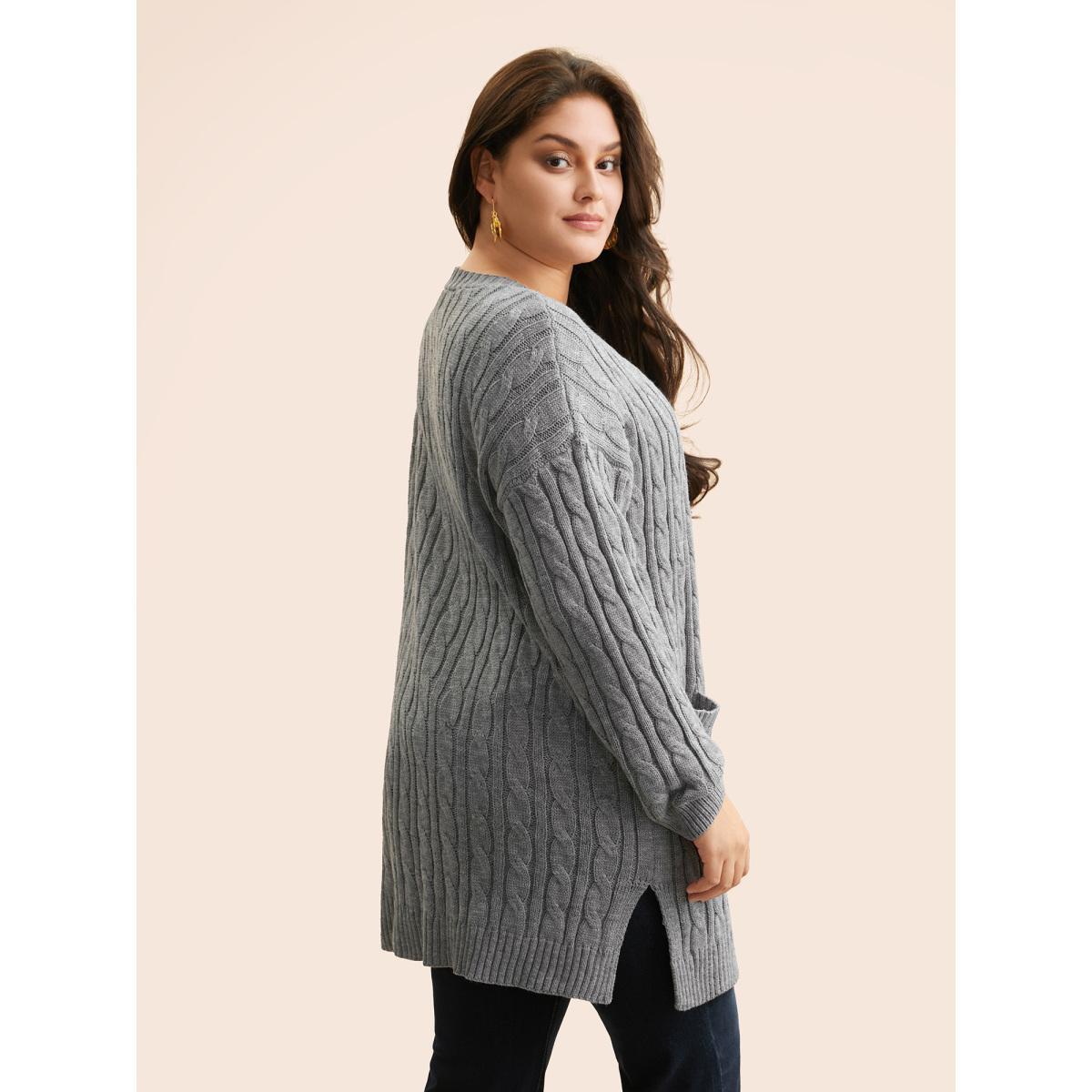 Plus Size Cable Knit Drop Shoulder Sleeve Cardigan Mediumgray Women Casual Loose Long Sleeve Everyday Cardigans BloomChic 26/4X Product Image