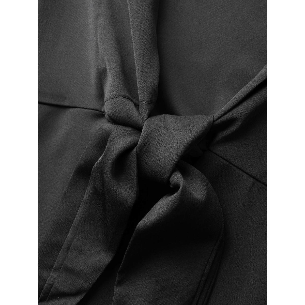 Plus Size Black Plain Keyhole Knotted Front Ruffle Sleeve Blouse Women Work From Home Short sleeve Round Neck Work Blouses BloomChic 10/M Product Image