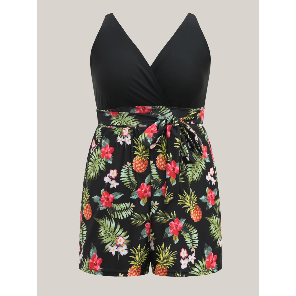 Plus Size Tropical Floral Pockets One-Piece Swimsuit Women's Swimwear Black Beach Tie knot Curve Bathing Suits High stretch One Pieces BloomChic 10/M Product Image