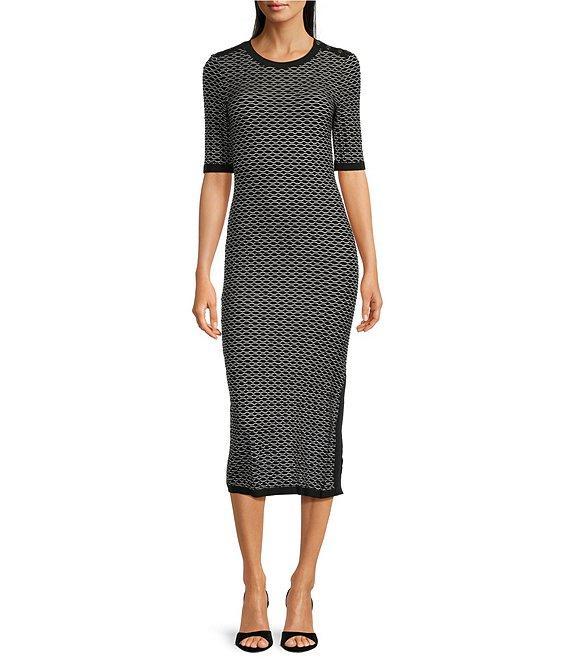 BOSS by Hugo Boss Etanah Monochrome Honeycomb Knit Round Neck 3/4 Sleeve Dress Product Image