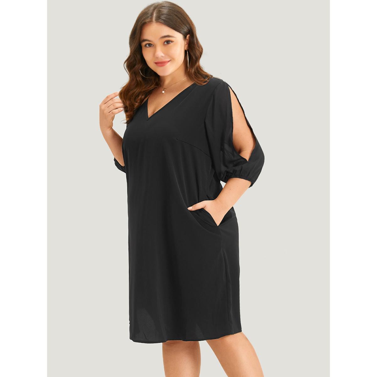 Plus Size Solid Pocket Cut Out V Neck Dress Black Women Office Elastic cuffs V-neck Elbow-length sleeve Curvy Knee Dress BloomChic 30/6X Product Image