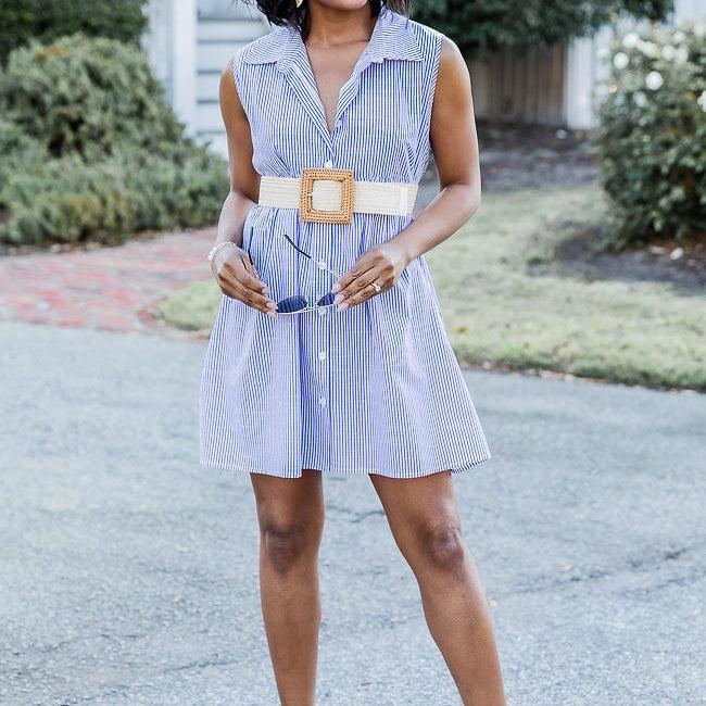 A Little Prep In My Step Blue Stripe Collar Button Up Mini Dress FINAL SALE Product Image