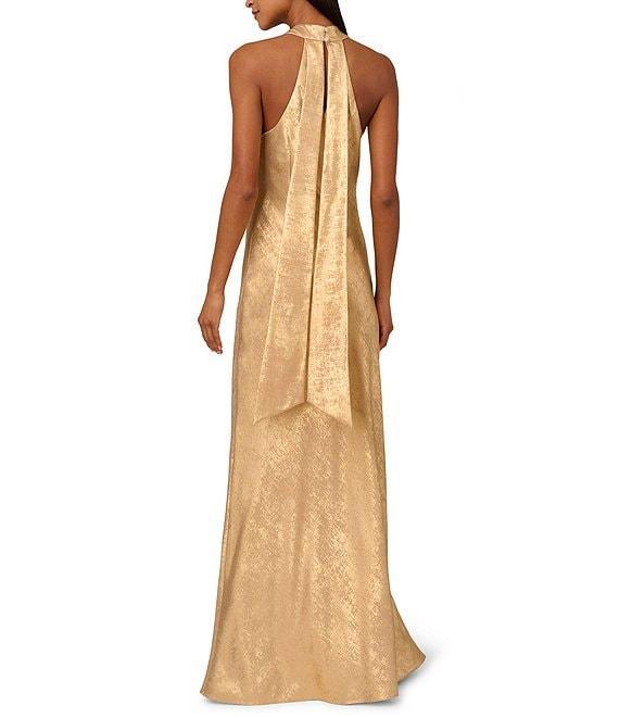 Adrianna Papell Foiled Woven Halter Neck Sleeveless Back Neck Tail Sheath Dress Product Image