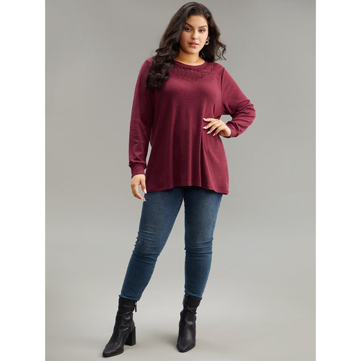 Plus Size Solid Lace Insert Crew Neck Cut Out T-shirt Burgundy Women Elegant Patchwork Plain Round Neck Dailywear T-shirts BloomChic 22-24/3X Product Image