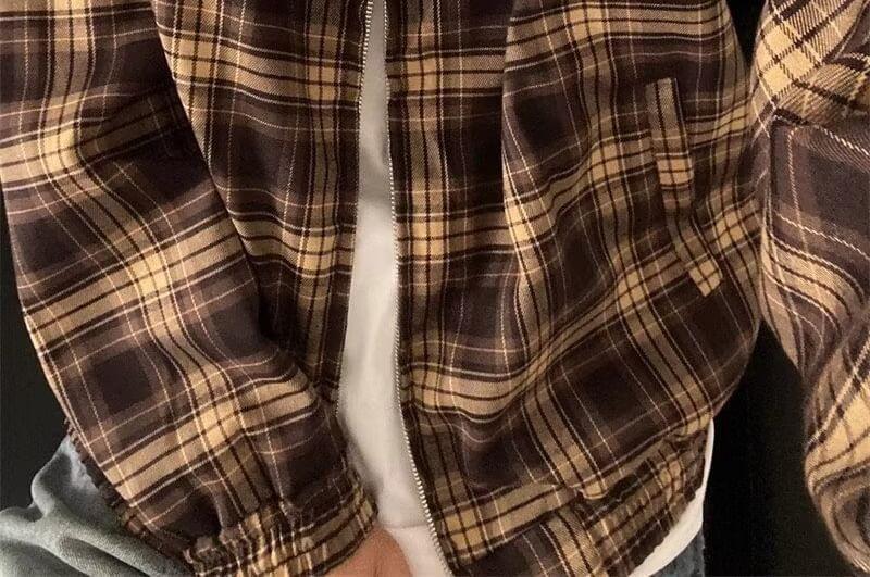 Collar Plaid Panel Applique Zip Jacket Product Image