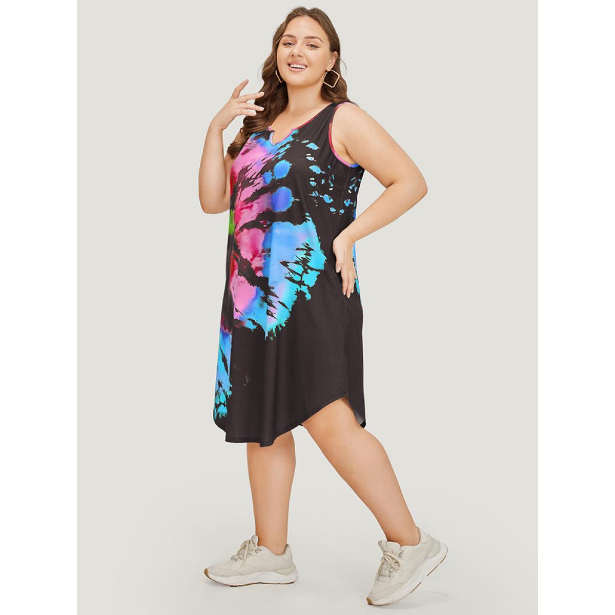 Plus Size Tie Dye Notched Pocket Arc Hem Tank Dress Multicolor Women Casual Arc Hem Notched collar Sleeveless Curvy Midi Dress BloomChic 12/L Product Image