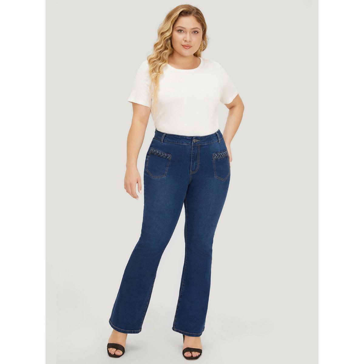 Plus Size Flare Leg Very Stretchy High Rise Dark Wash Cable Contrast Jeans Women DarkBlue Casual Plain High stretch Pocket Jeans BloomChic 14/1X Product Image