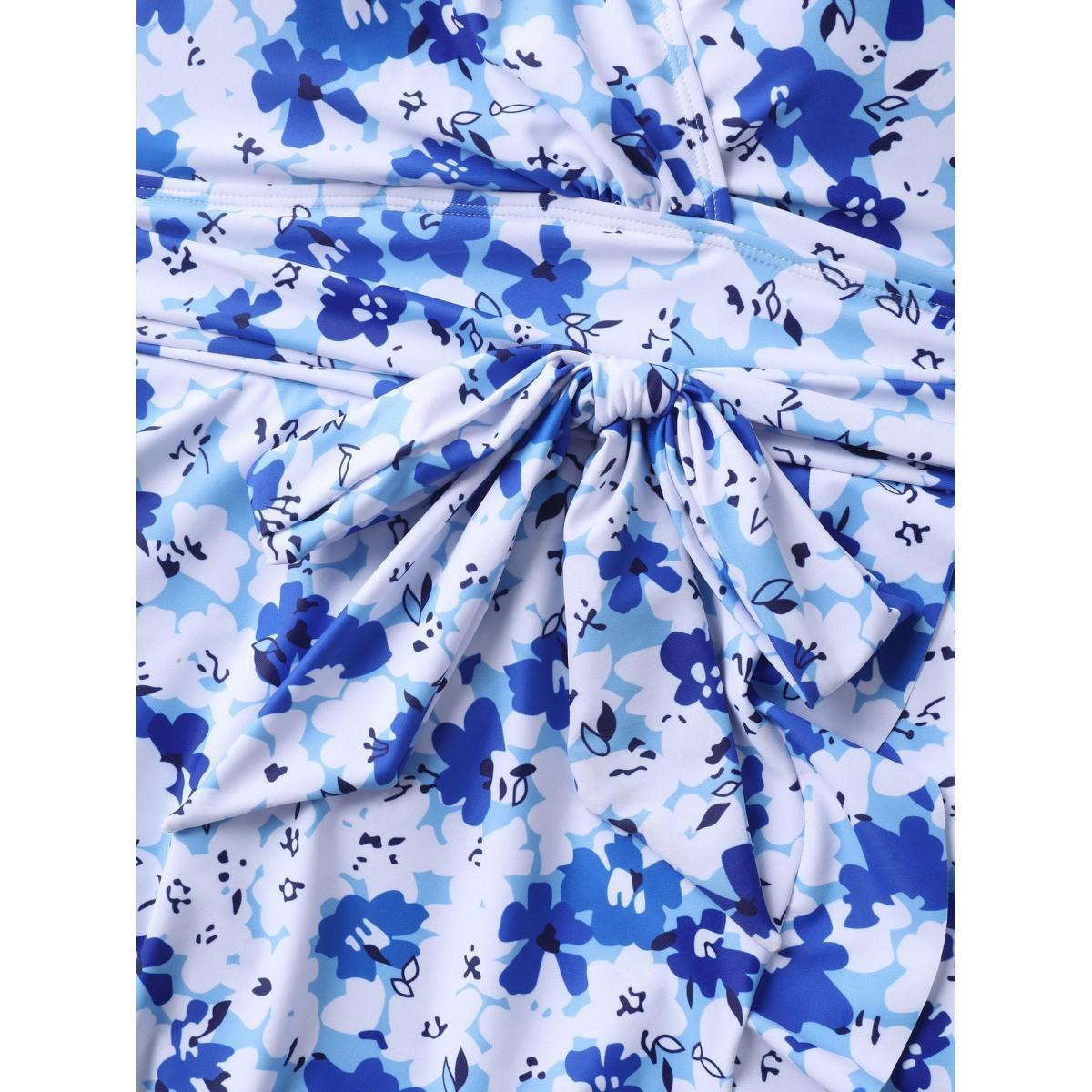 Plus Size Floral Print Belted Flared Swim Dress Women's Swimwear Mediumblue Beach Bodycon Overlap Collar High stretch Curve Swim Dresses BloomChic 18-20/2X Product Image