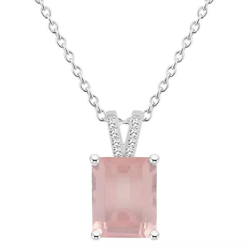 Alyson Layne Sterling Silver 10 mm x 8 mm Emerald Cut Gemstone & Diamond Accent Pendant Necklace, Women's, Size: 18", Pink Quartz Product Image